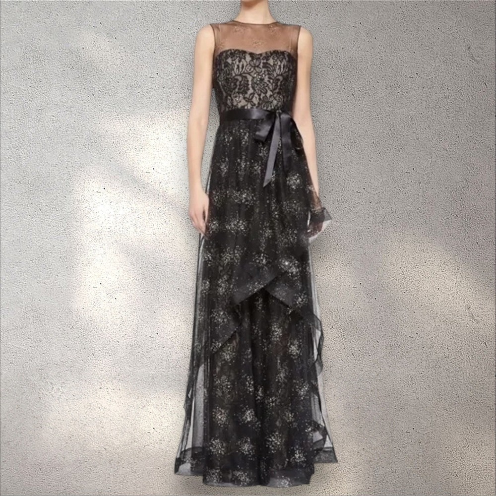 Teri Jon Evening Gown Black Nude Lace Beaded Ruffle Maxi Dress‎ Corset Size 10